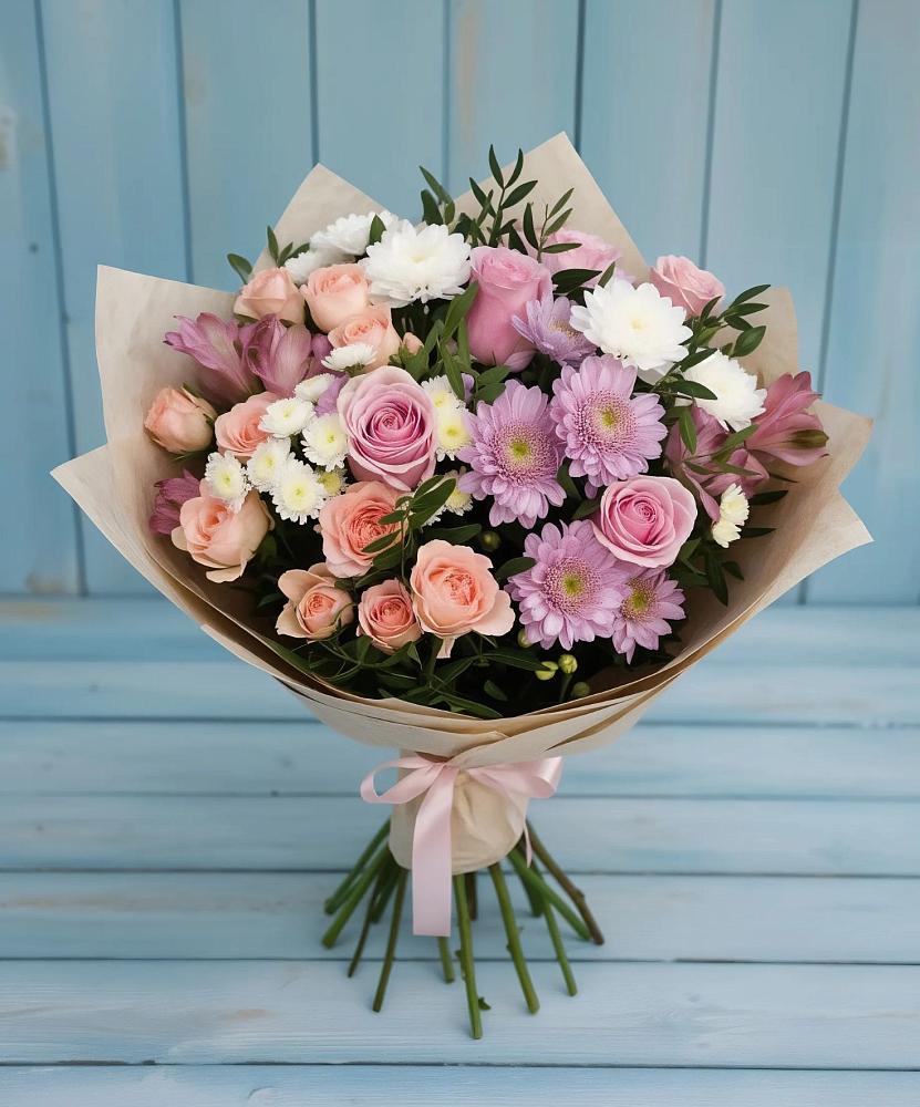 Букет цветов из: Хризантемы, Розы и Альстромерии в Уйское