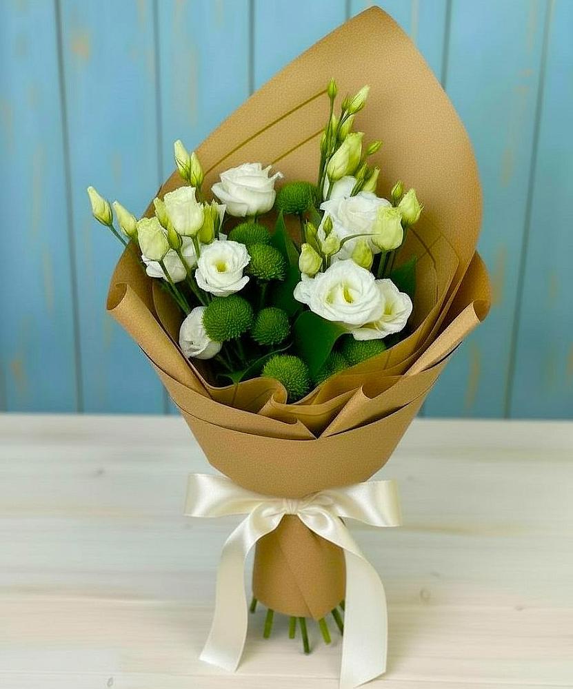 Букет цветов из: Хризантемы и Лизиантусы в Уйское