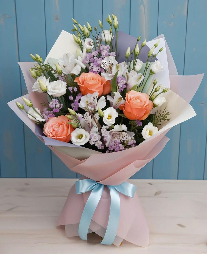 Букет цветов из: Лизиантусы, Розы, Альстромерии и Гипсофила в Уйское