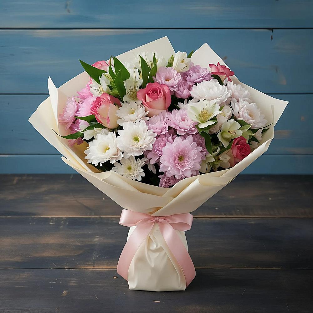 Букет цветов из: Хризантемы, Альстромерии и Розы в Уйское